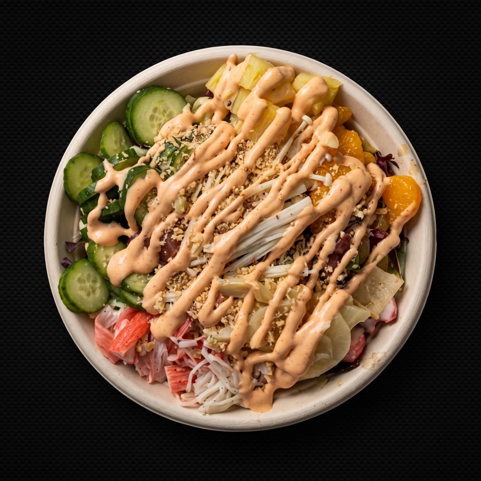 Top-down view of a poke bowl with cucumbers, pineapple, mandarins, crab, and spicy mayo.